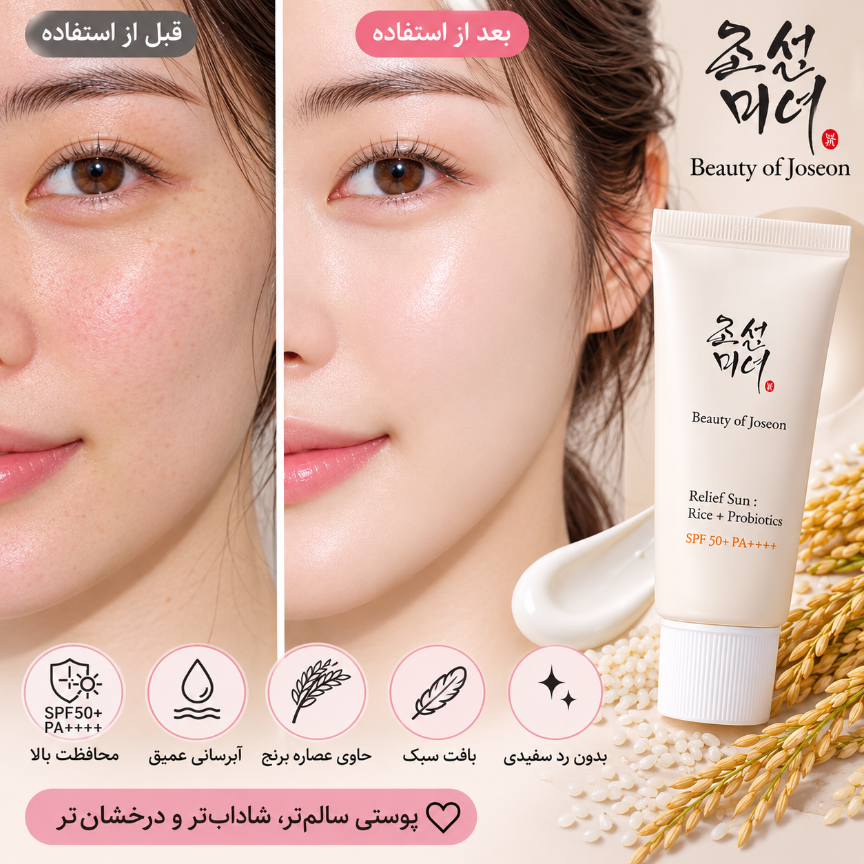 ضد آفتاب بیوتی آف جوسان Rice + Probiotics SPF50 حجم 50 میل